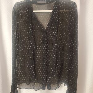 Liz Claiborne woman’s 100% silk Whimsigoth preppy black&gold polkadots blouse s…